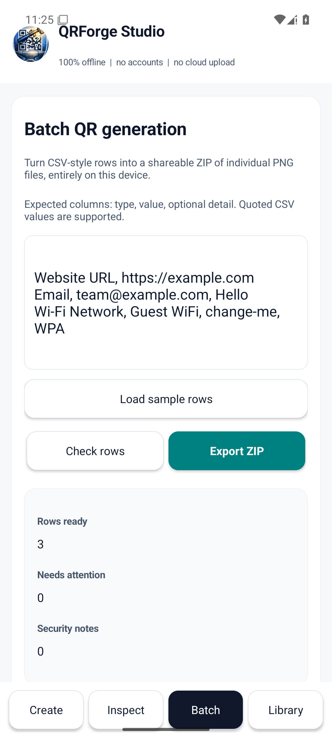 QRForge Studio Batch screen showing CSV validation and export controls