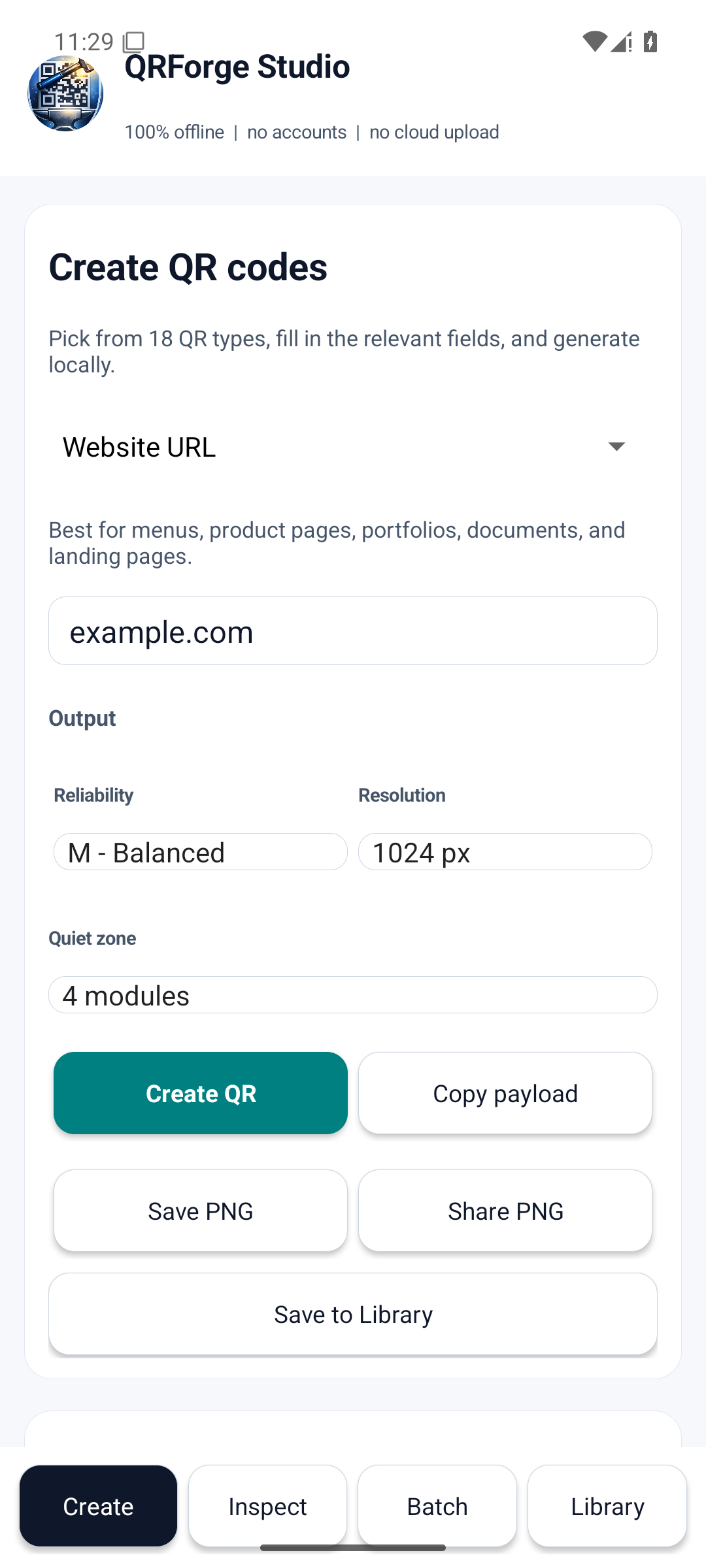 QRForge Studio Create screen showing guided QR fields and a generated code