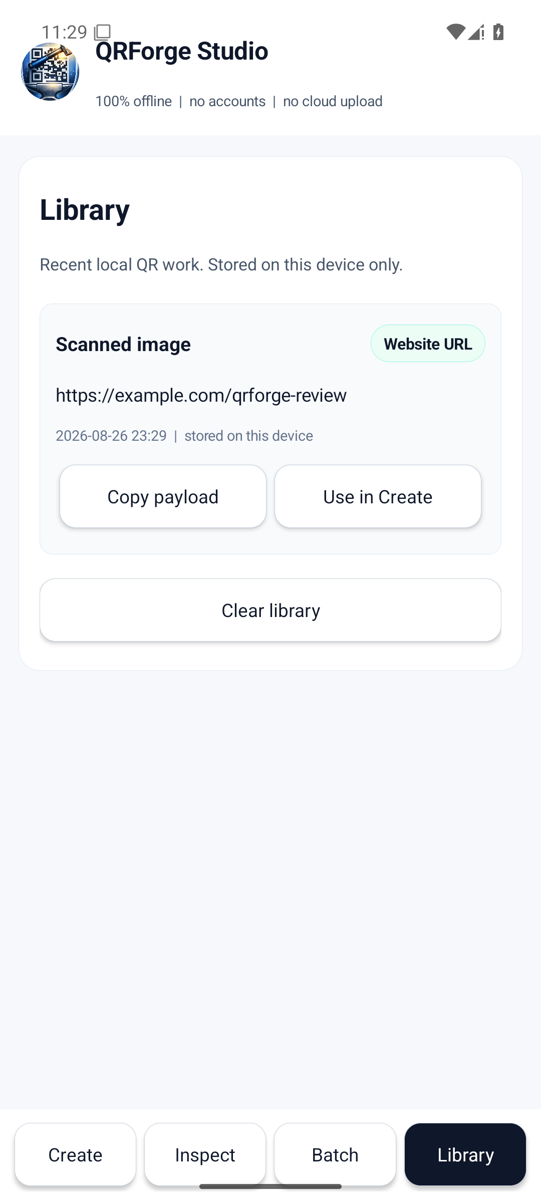 QRForge Studio local Library screen showing recent QR activity